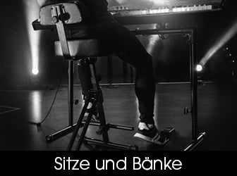 Eine Schwarz-Weiß-Aufnahme aus der Perspektive hinter einer sitzenden Person, die auf einem höhenverstellbaren Musikerstuhl an einem Keyboard spielt.