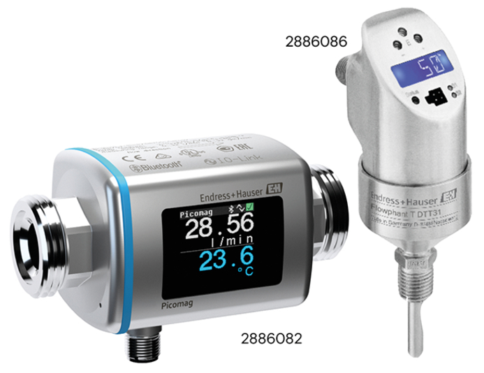 Zwei Endress+Hauser digitale Durchflussmesser: Picomag mit Durchflussrate/Temperatur und Flowphant T DTT31.