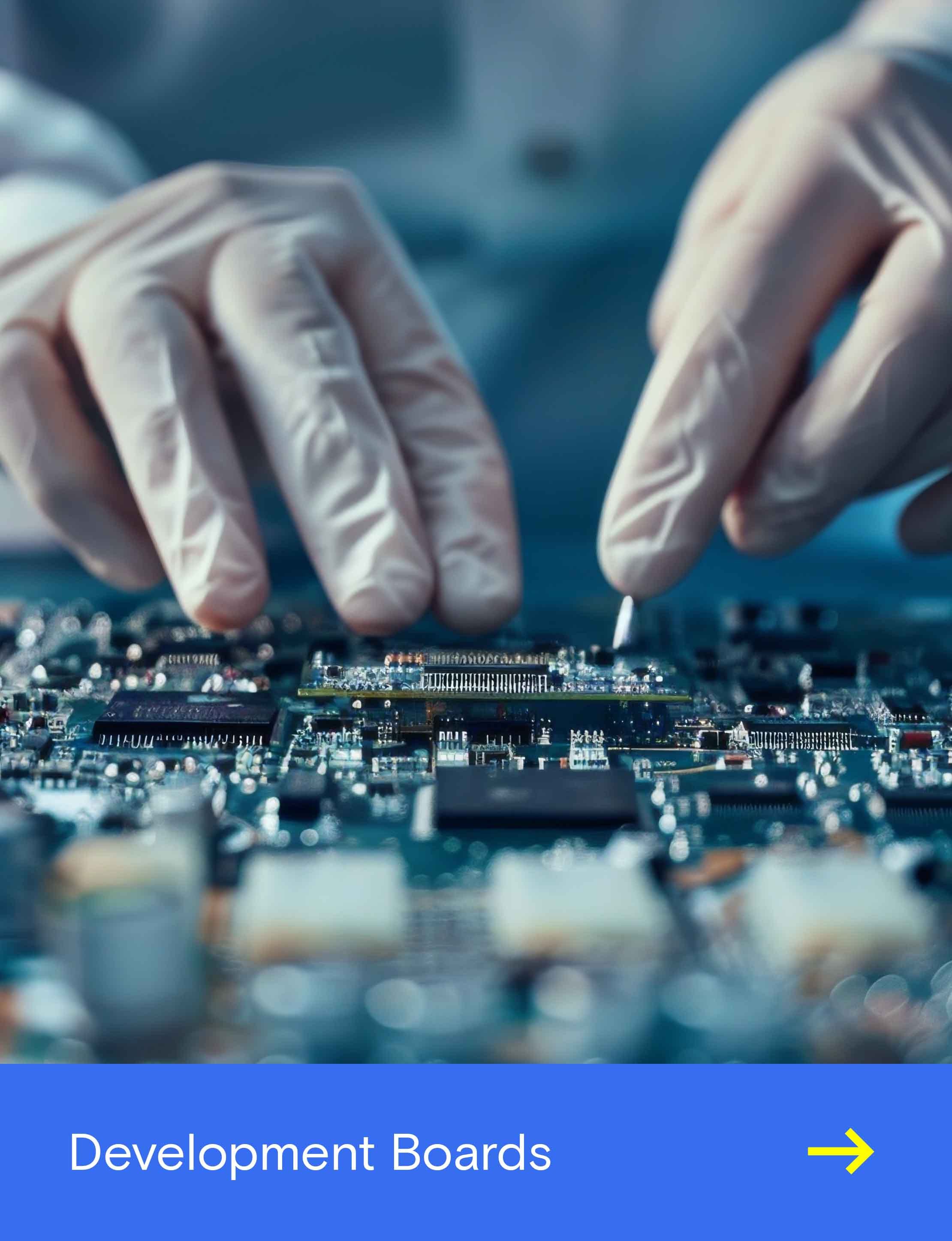 Nahaufnahme von behandschuhten Händen, die an einer Leiterplatte mit elektronischen Komponenten arbeiten, mit der Aufschrift „Development Boards“.