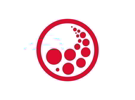 Ein rotes kreisförmiges Icon auf weißem Grund zeigt eine dynamische Anordnung verschieden großer, ausgefüllter Kreise, die das Infinergy-Dämpfungsmaterial von Wellmaxx symbolisieren.