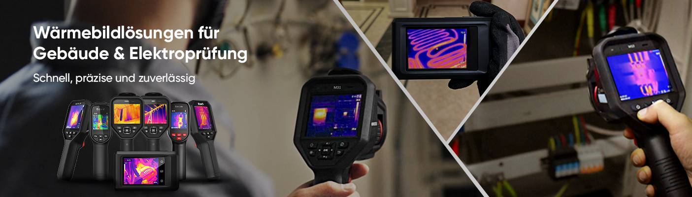 Ein Werbebanner präsentiert verschiedene professionelle Hand-Wärmebildkameras für Gebäude- und Elektroprüfungen, ergänzt durch Einsatzbilder, die das Aufspüren einer Fußbodenheizung und die Inspektion eines Schaltschranks zeigen.