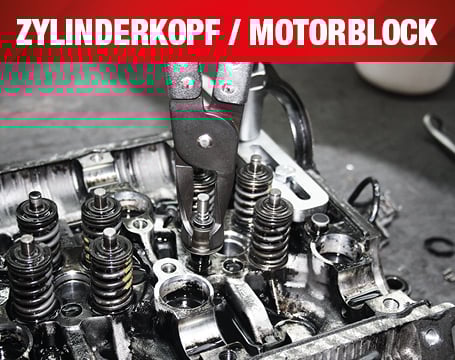 Anwendungsbeispiel einer KS Tools Ventilfederspanner-Zange bei der präzisen Montage von Ventilfedern am Zylinderkopf unter der Überschrift „Zylinderkopf / Motorblock“.