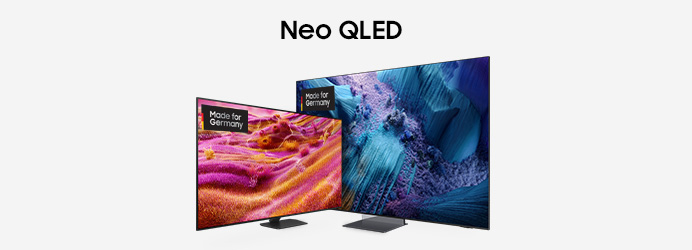 Zwei moderne Samsung Neo QLED Fernseher in unterschiedlichen Größen mit farbenfrohen, abstrakten Bildschirminhalten und dem Schriftzug „Made for Germany“ vor einem schlichten, hellgrauen Hintergrund.