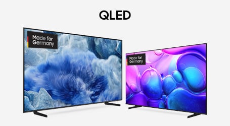 Zwei Samsung QLED-Fernseher mit blauen und pinkfarbenen abstrakten Bildschirminhalten sowie dem „Made for Germany“-Logo unter der zentralen Überschrift „QLED“.