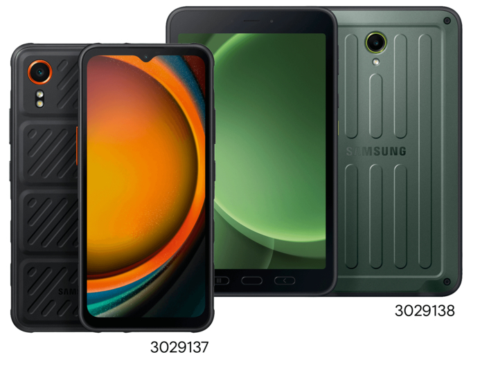 Rugged Samsung Smartphone und Tablet in schwarzer und olivgrüner Farbe, bereit für den Einsatz unter anspruchsvollen Bedingungen.