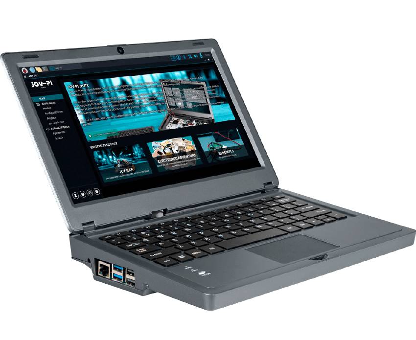 Ein grauer Joy-Pi Note Laptop, der speziell für das Erlernen von Elektronik und Programmierung konzipiert ist, mit geöffnetem Bildschirm, Tastatur und sichtbaren seitlichen USB- sowie Ethernet-Anschlüssen.