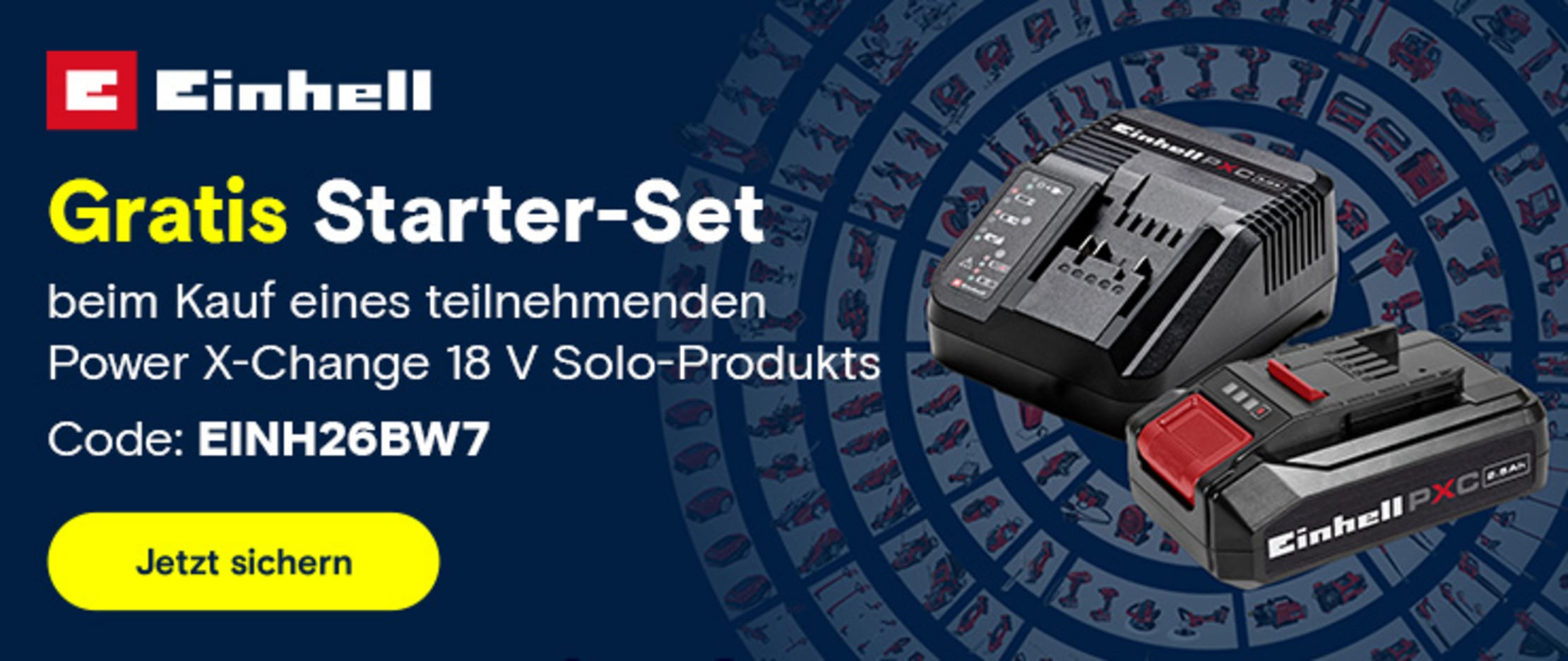 Einhell Ladegerät und Power X-Change Akku mit Hinweis auf ein Gratis Starter-Set beim Kauf eines teilnehmenden 18-V-Solo-Produkts.
