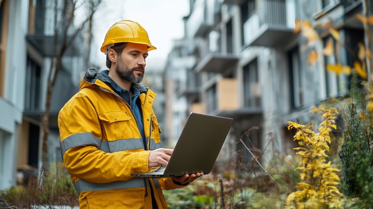 Bauleiter mit gelber Schutzjacke und Helm überprüft auf einem Laptop die Daten der mobilen Baustellenüberwachung