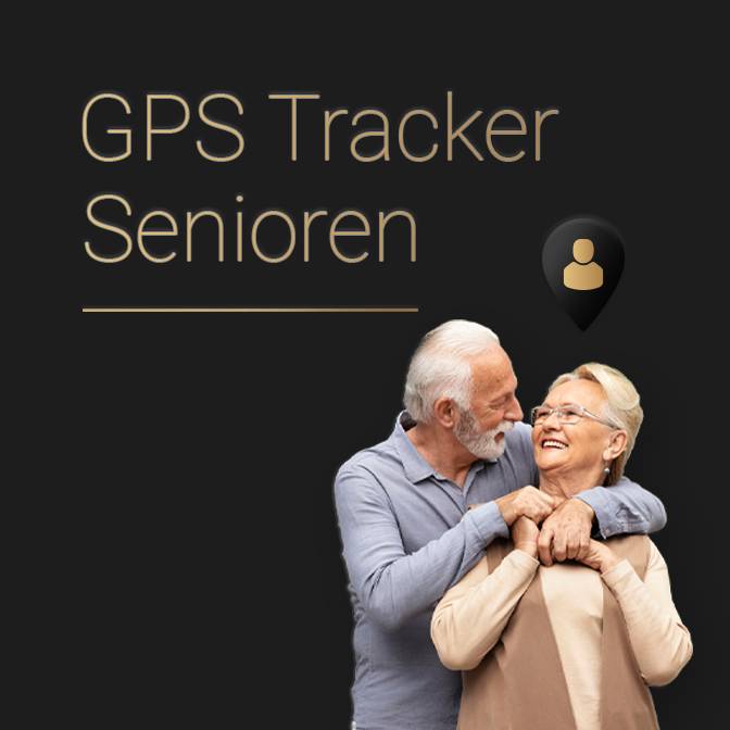 Dunkle Kachel mit dem Text "GPS Tracker Senioren" und einer Abbildung eines älteren Paares. Weiterleitung zu einer Produktseite über Senioren Tracker.