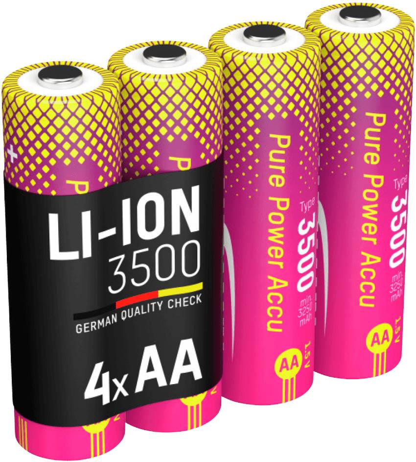 Vier pink-gelbe AA-Lithium-Ionen-Akkus der Marke "Pure Power Accu" mit 3500 mWh Kapazität, zusammengehalten durch eine schwarze Banderole mit der Aufschrift „4x AA Li-Ion 3500“.