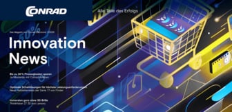 Das Bild zeigt das Titelblatt eines Magazins von Conrad Electronic mit dem Titel "Innovation News 01/2025". Es thematisiert aktuelle Entwicklungen und Lösungen für den Bereich der Beschaffung. Bei Klick auf das Bild öffnet sich die Ausgabe der Innovation News 01/2025 im Browser.
