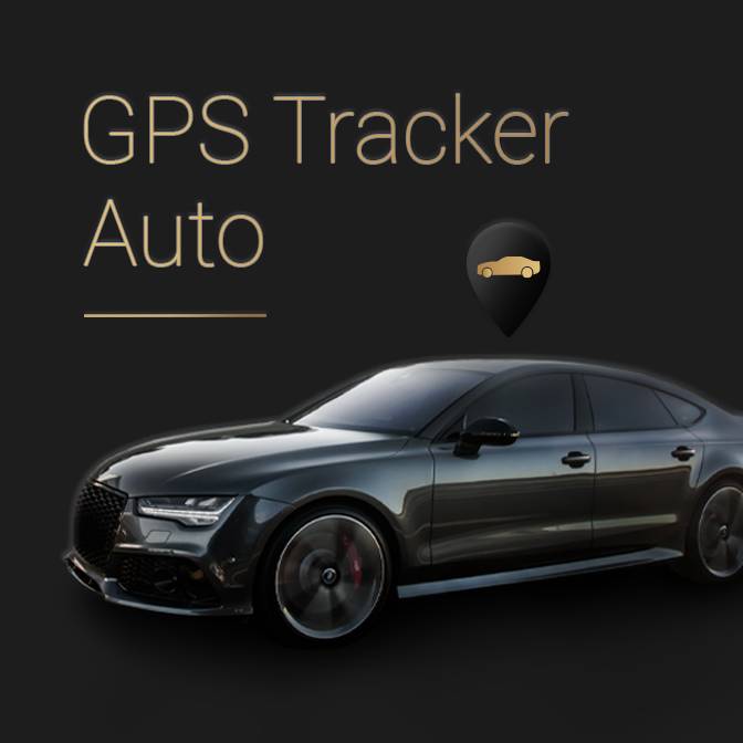 Dunkle Kachel mit dem Text "GPS Tracker Auto" und einer Abbildung eines Autos. Weiterleitung zu einer Produktseite über GPS Auto Tracker.