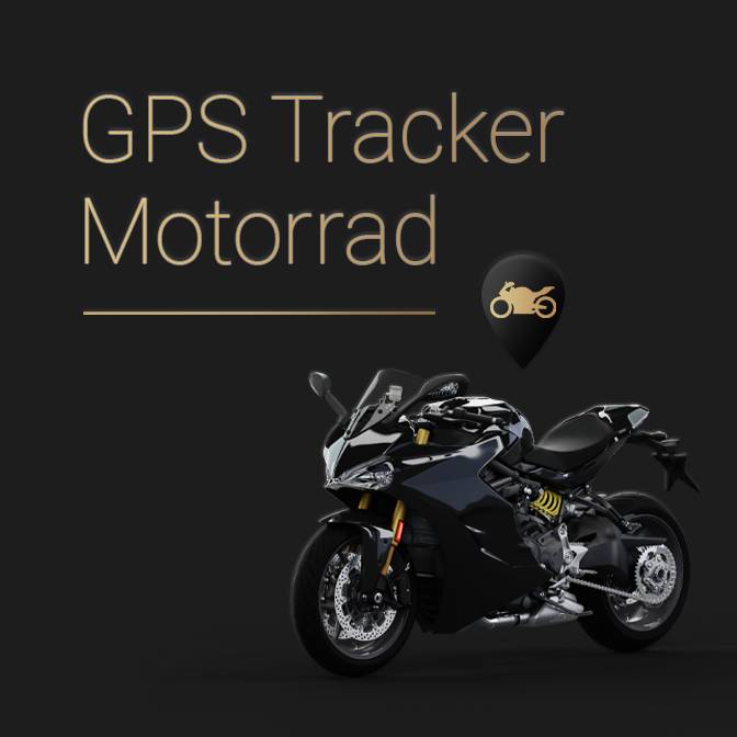 Dunkle Kachel mit dem Text "GPS Tracker Motorrad" und einer Abbildung eines Motorrads. Weiterleitung zu einer Produktseite über Motorrad Tracker.