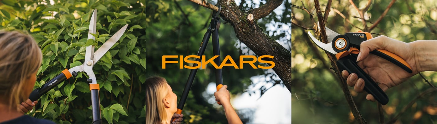 Eine Collage zeigt die Anwendung verschiedener Fiskars-Gartenscheren beim Beschneiden von Hecken, Ästen und Zweigen, zentral ergänzt durch das Firmenlogo.