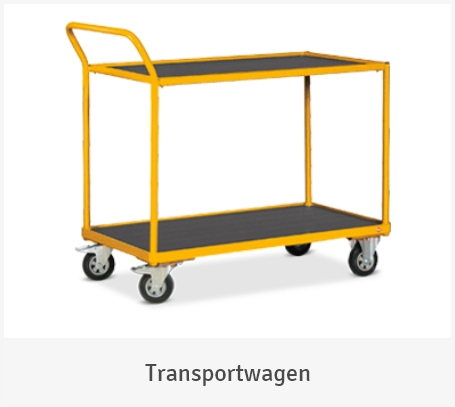 Ein gelber Etagenwagen mit zwei schwarzen Ladeflächen und vier Lenkrollen auf weißem Hintergrund mit der Unterschrift „Transportwagen“.