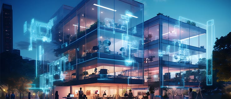 Bürogebäude mit Glasfassade bei Nacht, visualisiert durch leuchtende digitale Overlays, die intelligente Gebäudesensorik und vernetzte Systeme für Energie, Klima und Sicherheit darstellen.