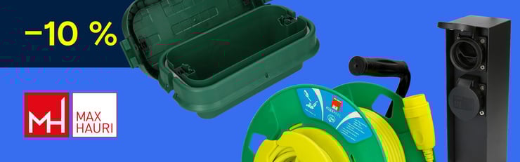 Banner mit „-10 % auf Indoor & Outdoor Elektrotechnik“, zeigt eine grüne Kabelbox, eine Kabelrolle mit gelbem Kabel und eine schwarze Outdoor-Steckdose sowie das Max Hauri Logo.