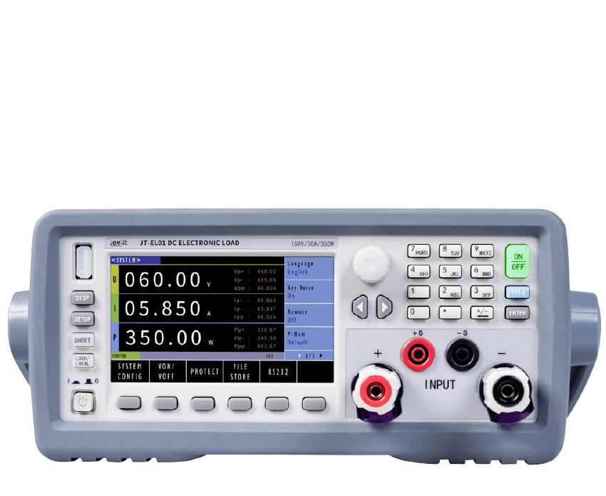 Ein grau-blaues elektronisches Lastmessgerät von Joy-it mit einem Digitaldisplay zur Anzeige von Spannung, Stromstärke und Leistung sowie verschiedenen Bedientasten und Anschlussbuchsen.
