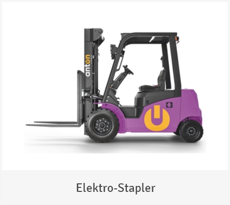 Seitenansicht eines violetten Elektro-Gabelstaplers mit schwarzer Fahrerkabine und gelbem Power-Symbol auf weißem Hintergrund mit dem Schriftzug „Elektro-Stapler“.