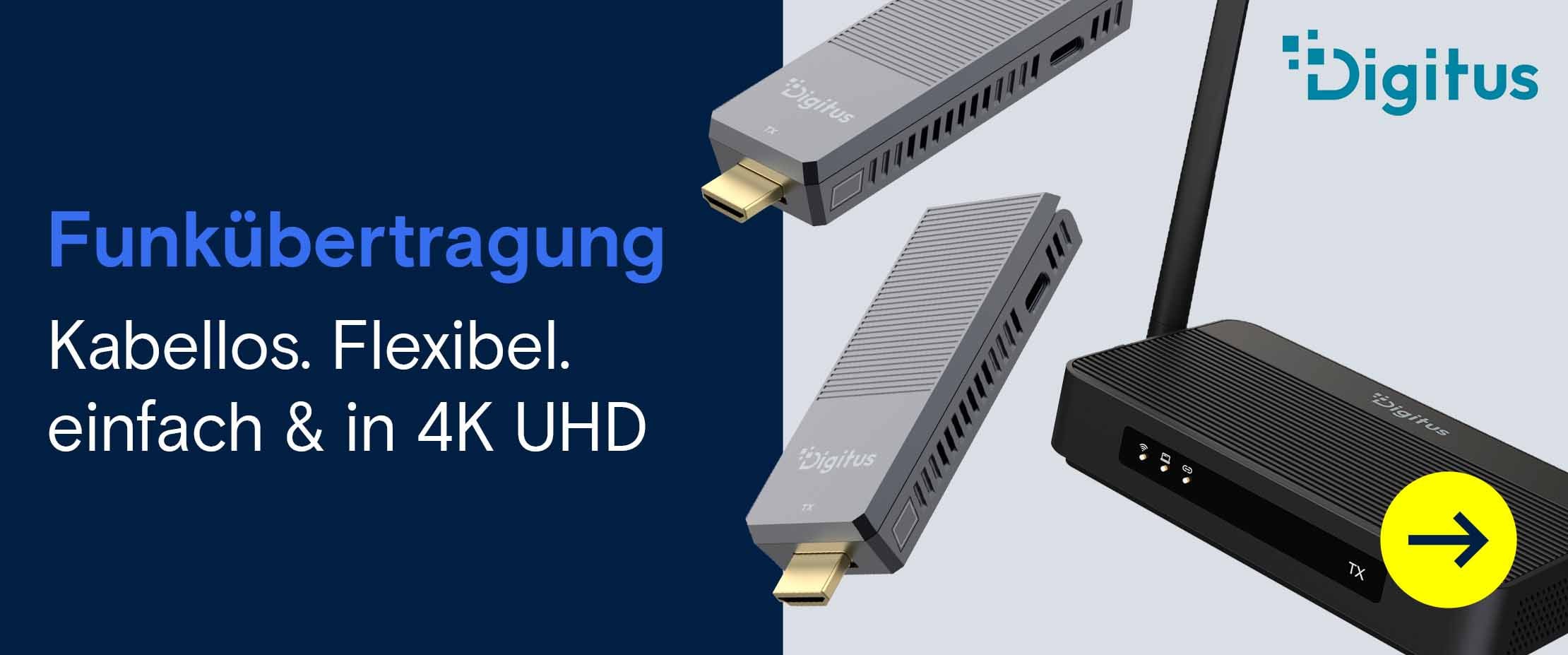 Werbebanner für die Digitus-Funkübertragung mit zwei grauen HDMI-Empfängern und einem schwarzen Sender mit Antenne für kabellose 4K-UHD-Übertragung.