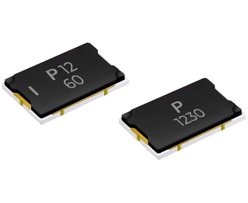 Zwei schwarze, flache oberflächenmontierbare elektronische Bauteile (SMD) mit den Beschriftungen „P 12 60“ und „P 1230“.