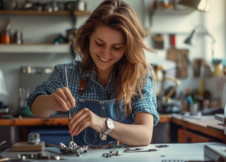 Eine Frau in der Werkstatt, welche mit einem Werkzeug an einem Apparat arbeitet. Im Hintergrund sieht man Werkbänke.