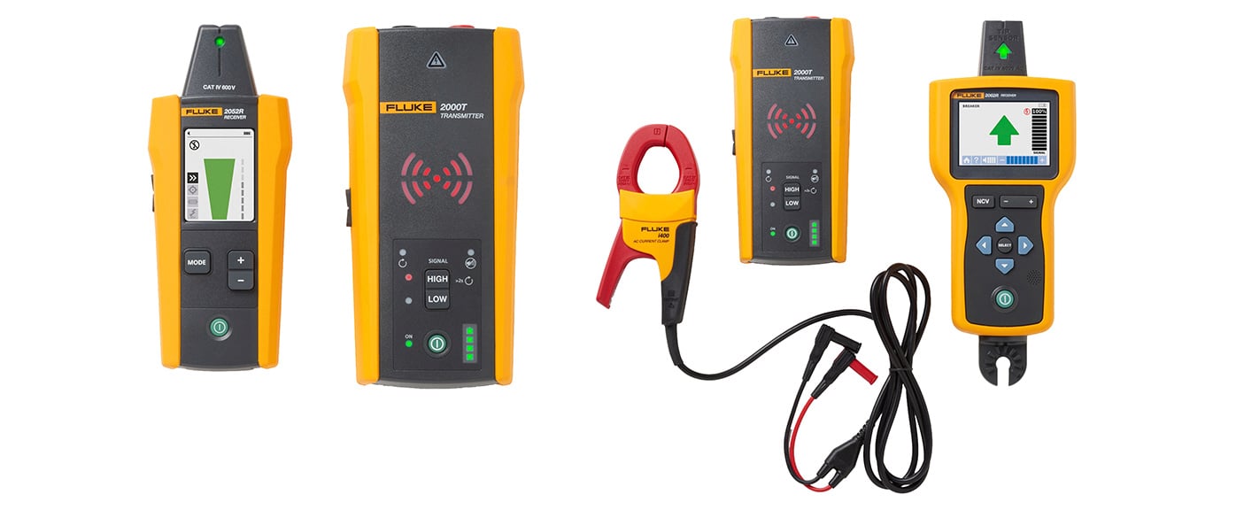 Verschiedene Fluke Messgeräte, darunter Empfänger, Sender und Stromzange, für professionelle Anwendungen.