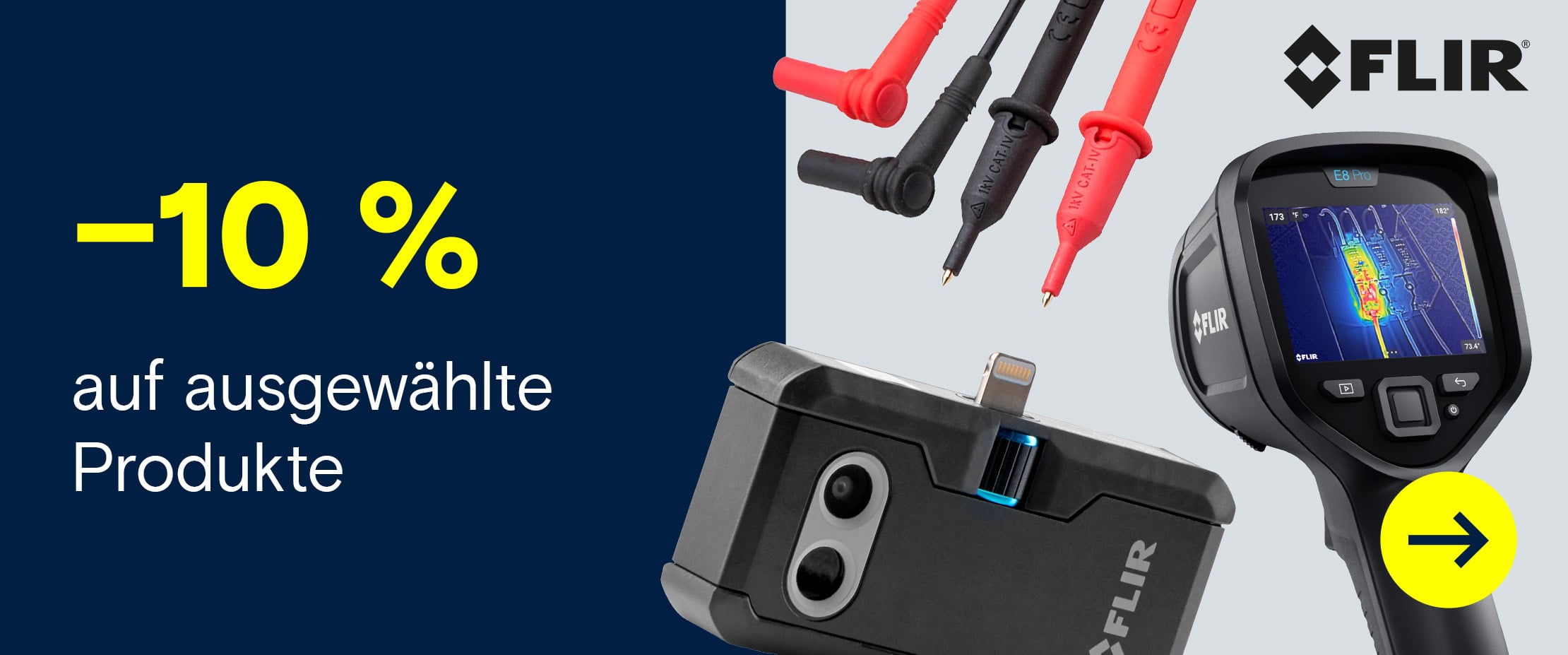 Banner mit „–10 %“ und drei FLIR Wärmebild- und Messgeräten mit farbigen Thermografie-Displays vor grauem Hintergrund.