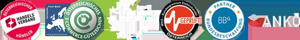 Sieben Qualitäts- und Vertrauenssiegel für E-Commerce und Handel, darunter österreichische und europäische Zertifikate.