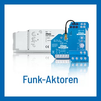 Ein Produktbild mit der Überschrift „Funk-Aktoren“ zeigt zwei blaue Eltako-Schaltrelais-Module (FSB61NP und F2UA12) und ein größeres weißes Eltako-Schaltgerät (FSR71NP) vor einem weißen Hintergrund mit Spiegelungen.