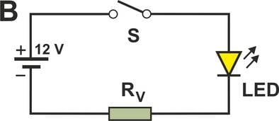 Auf diesem Bild ist ein geöffneter Stromkreis mit einem Schalter, Wiederstand und einer LED.