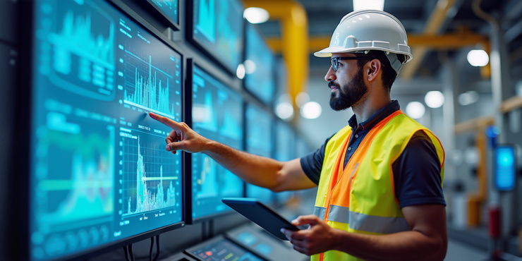 Bauingenieur mit Schutzhelm und Warnweste analysiert Daten auf grossen Bildschirmen