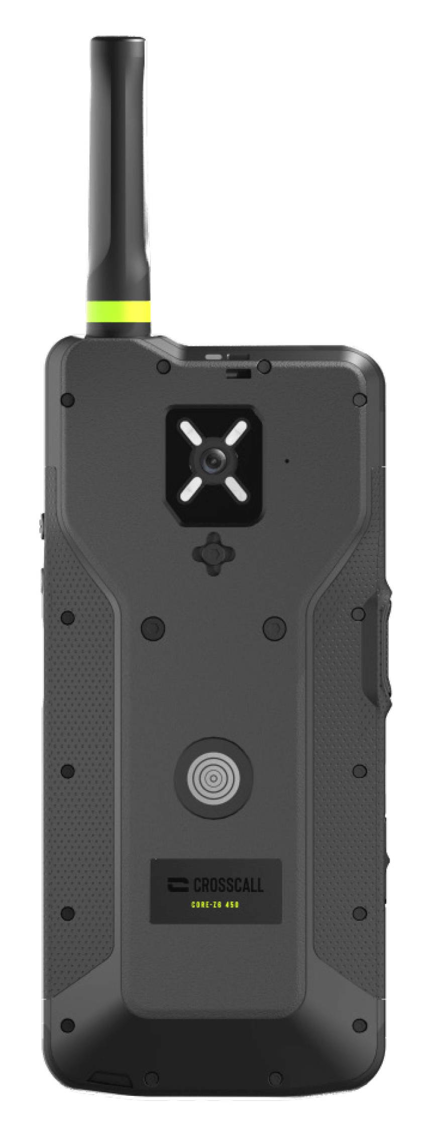 Rückansicht eines robusten, schwarzen Crosscall-Smartphones mit Antenne, einer zentral platzierten Kamera mit LED-Ring und sichtbaren Verschraubungen auf schwarzem Hintergrund.