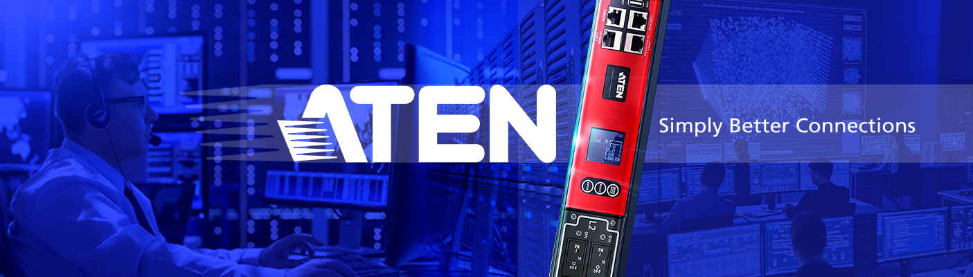 Ein blau eingefärbtes Banner mit dem zentrierten weißen ATEN-Logo und dem Slogan „Simply Better Connections“, das im Hintergrund Mitarbeiter in einer Leitwarte vor großen Monitoren sowie eine vertikale, rot-schwarze Stromverteilereinheit (PDU) zeigt.