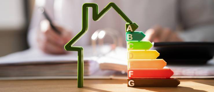 Ein grünes Haus-Symbol mit einer farbigen Energieeffizienz-Pyramide, die von A (grün) bis G (braun) reicht, auf einem Tisch.