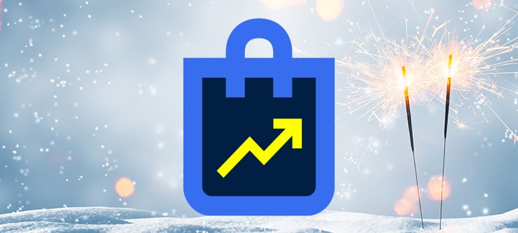 Ein Icon einer Tasche sitzt inmitten Schnee und nebendran sind zwei funkler.