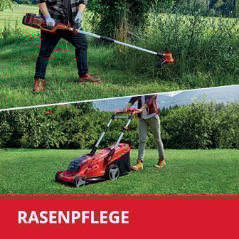  Das Bild zeigt in zwei Abschnitten Gartengeräte: oben eine Person, die mit einem Akkuschneider hohes Gras trimmt, und unten eine Person, die einen roten Akku-Rasenmäher auf einer gemähten Rasenfläche schiebt, mit dem roten Schriftzug "RASENPFLEGE" am unteren Bildrand.
