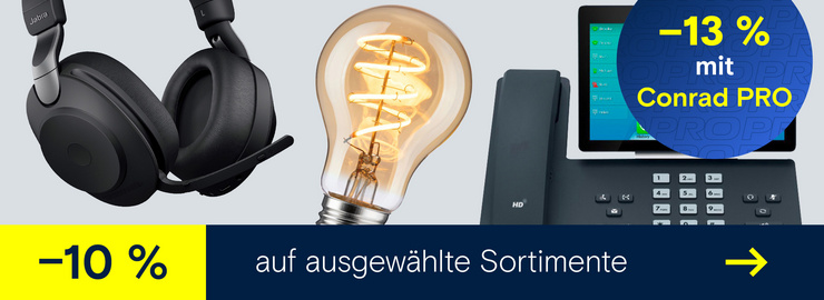 Werbebanner mit Jabra-Headset, Glühbirne und Bürotelefon sowie 10 % Rabatt auf ausgewählte Sortimente und 13 % mit Conrad PRO.