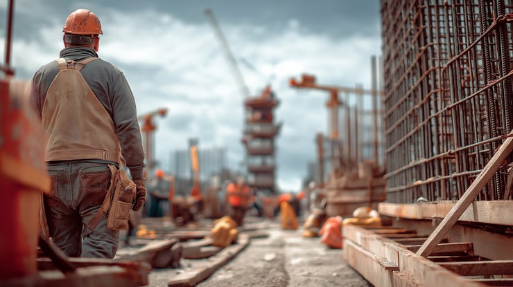 Bauarbeiter mit Schutzausrüstung und Helm auf einer grossen Baustelle mit Kränen und Stahlkonstruktionen