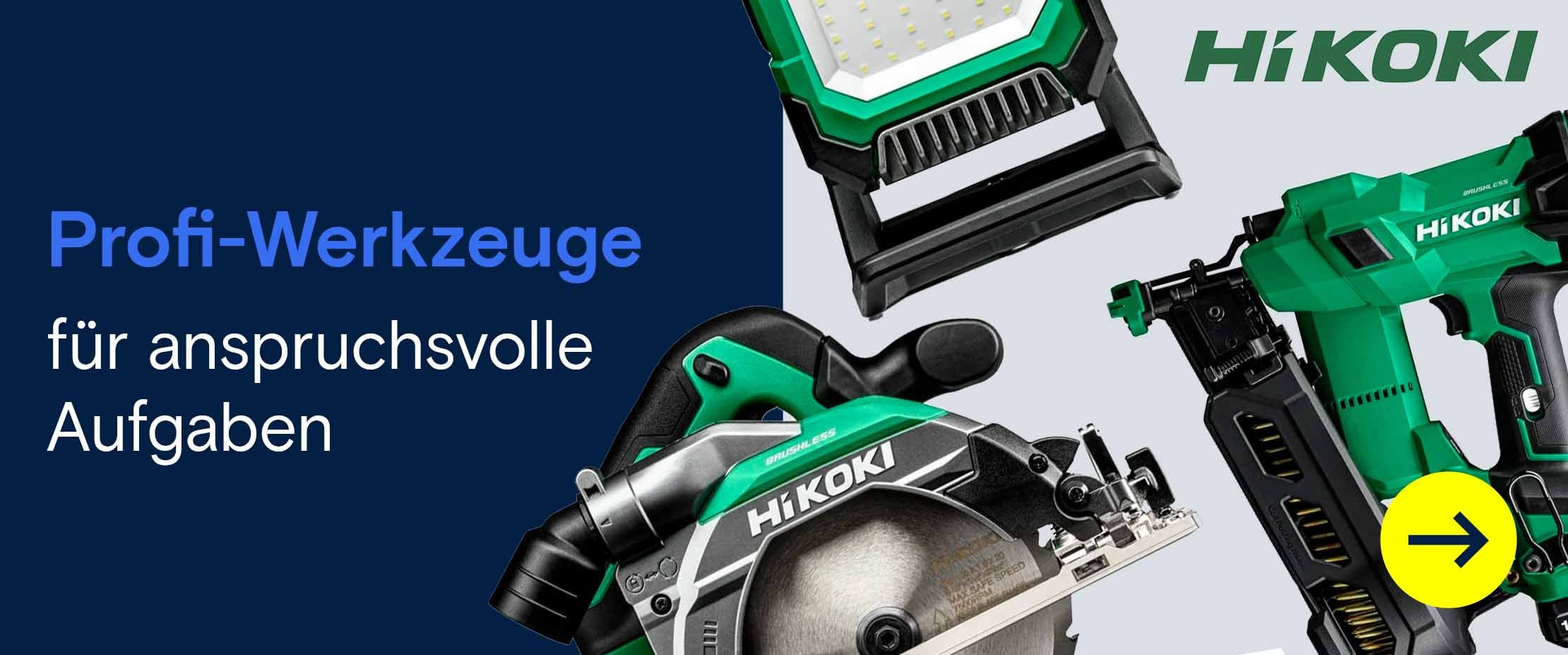 Banner mit HiKOKI Profi-Werkzeugen wie Kreissäge, Baustrahler und Elektrowerkzeug sowie dem Text „Profi-Werkzeuge für anspruchsvolle Aufgaben“.