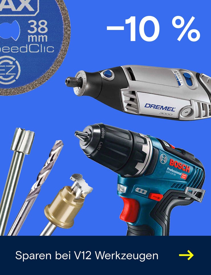 Werkzeug-Werbung mit Dremel-Multitool, Bosch-Akkuschrauber, Bohrern und Schleifscheibe auf blauem Hintergrund mit „–10 %“-Rabattangabe.