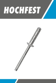 Das Bild zeigt eine einzelne, silberne Hochfest-Blindniete, die schräg von links unten nach rechts oben ausgerichtet ist, mit dem Wort "HOCHFEST" im oberen Bereich.