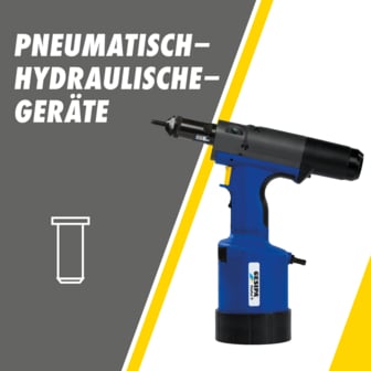 Das Bild zeigt ein blaues pneumatisch-hydraulisches Nietgerät des Modells Gesipa FireFox 2 mit schwarzem Kopf und Mundstück, daneben eine weiße Strichzeichnung einer Blindnietmutter und dem Text "PNEUMATISCH-HYDRAULISCHE-GERÄTE".