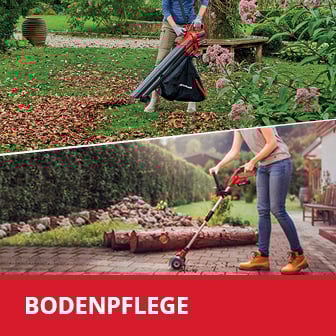  Das Bild ist in zwei Abschnitte unterteilt: Im oberen Teil saugt eine Person mit einem Laubsauger Laub von einem Rasen auf, während im unteren Teil eine Person mit einer roten Akku-Kehrmaschine Pflastersteine reinigt, mit dem Schriftzug "BODENPFLEGE" auf einem roten Balken am unteren Bildrand.