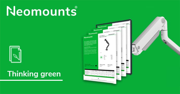 Eine grüne Werbung zeigt Neomounts-Produkte mit dem Slogan „thinking green“.