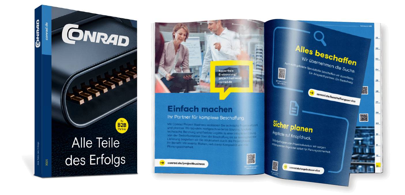 Ein Conrad B2B-Katalog mit dem Titel „Alle Teile des Erfolgs“ steht neben einer aufgeschlagenen Doppelseite, die Dienstleistungen zur Beschaffung und Projektberatung bewirbt.