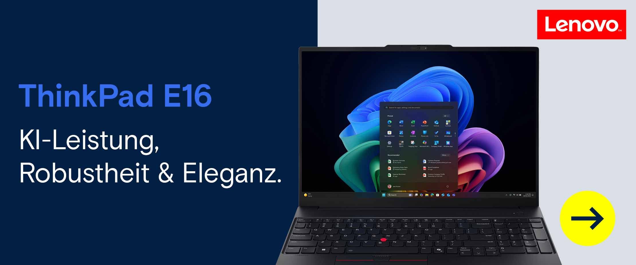 Werbebanner für das Lenovo ThinkPad E16 mit geöffnetem schwarzem Laptop, Windows-11-Display und dem Text „KI-Leistung, Robustheit & Eleganz“.