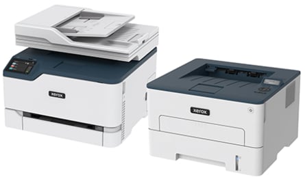 Das Bild zeigt beispielhaft zwei Xerox Drucker. Davon ist einer mit einem automatischen Papiereinzug zum Scannen und Kopieren ausgestattet. Beim Klick auf das Bild wird die Unterseite Xerox Kopierer und Drucker aufgerufen.