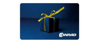  Ein Geschenkpaket mit goldener Schleife auf blauem Hintergrund, mit dem Conrad-Logo unten rechts.