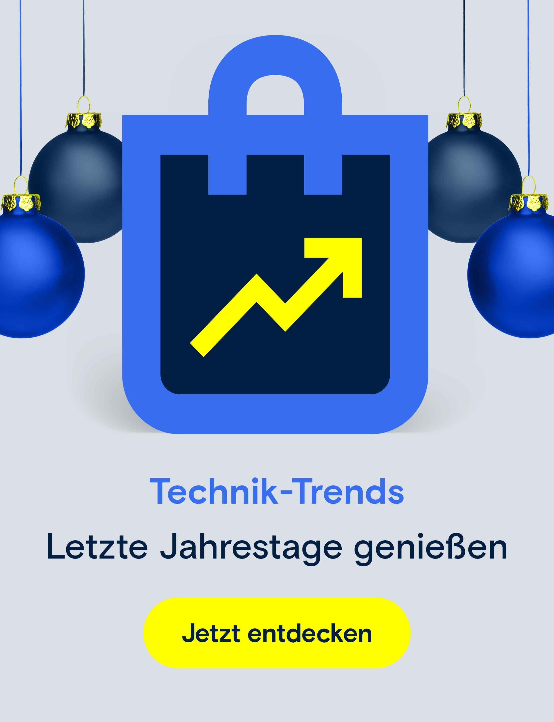 Weihnachtliche Szene mit blauen Weihnachtskugeln und einem stilisierten blauen Einkaufsbeutel mit gelbem Aufwärtspfeil